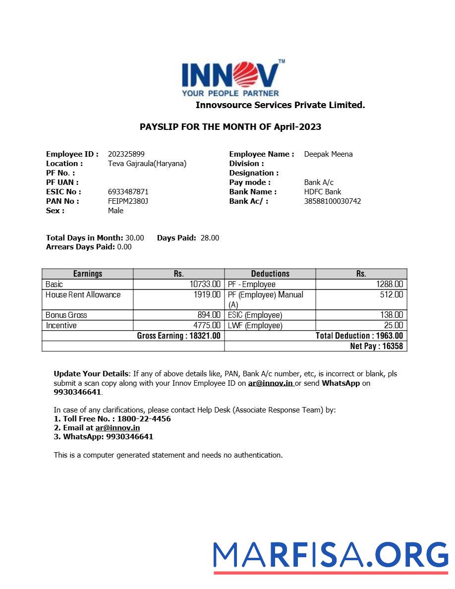 Blank Innovsource Services staffing company payslip template